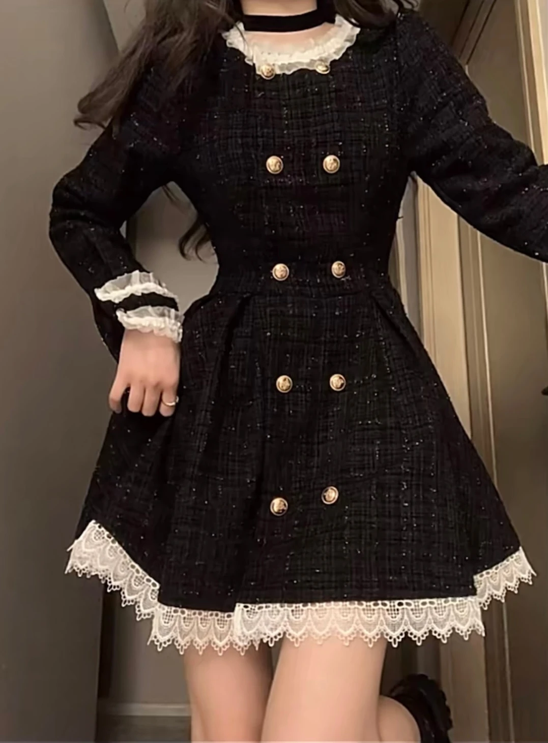

2023 Vestidos De Mujer Double-breasted Chic Tunic Dress Women O-neck Long Sleeve A-line Robe Fashion Vintage Korean Dresses