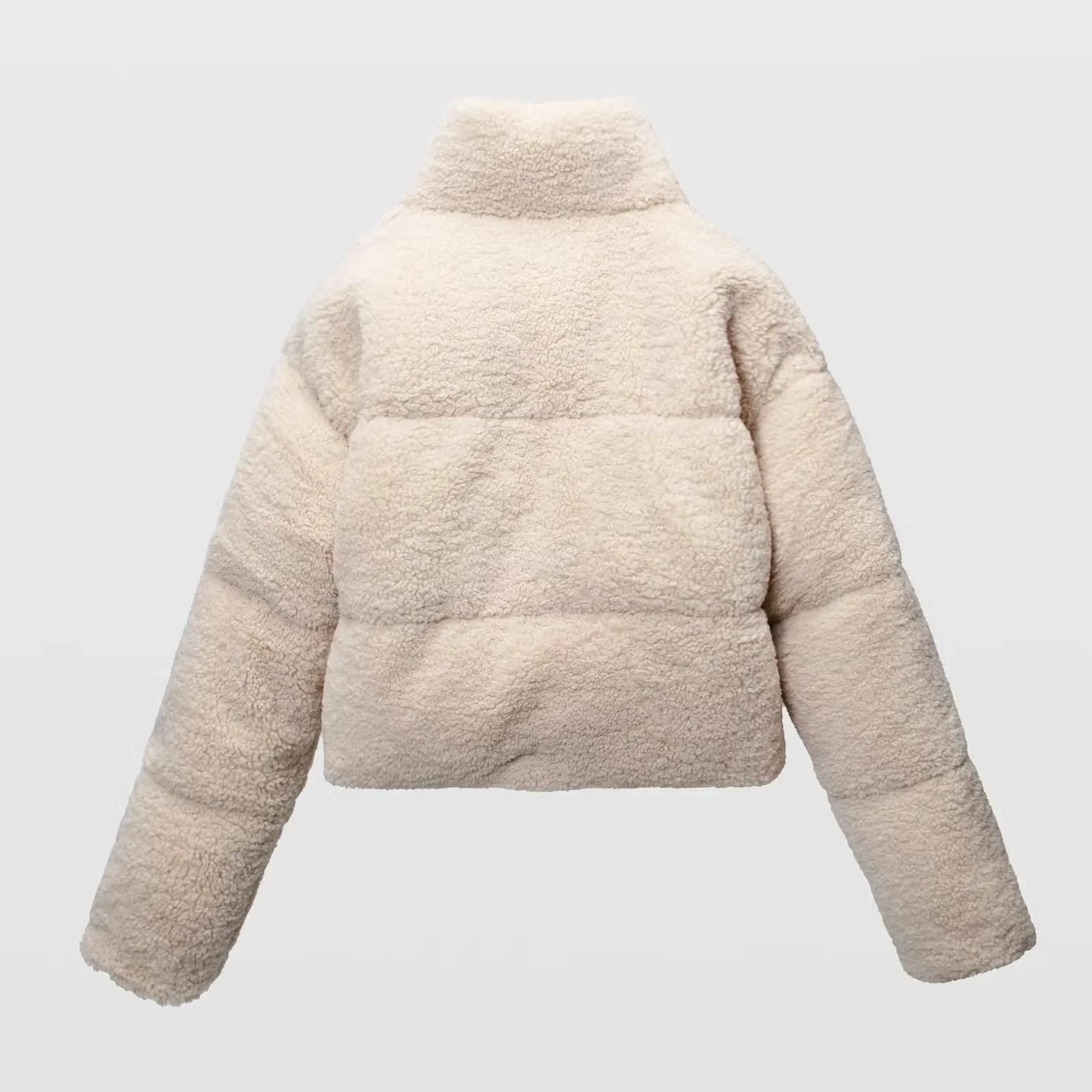 Winter Women's Beige High Collar Long Sleeve Zip Short Cotton Jacket Fashion Warm Street Style