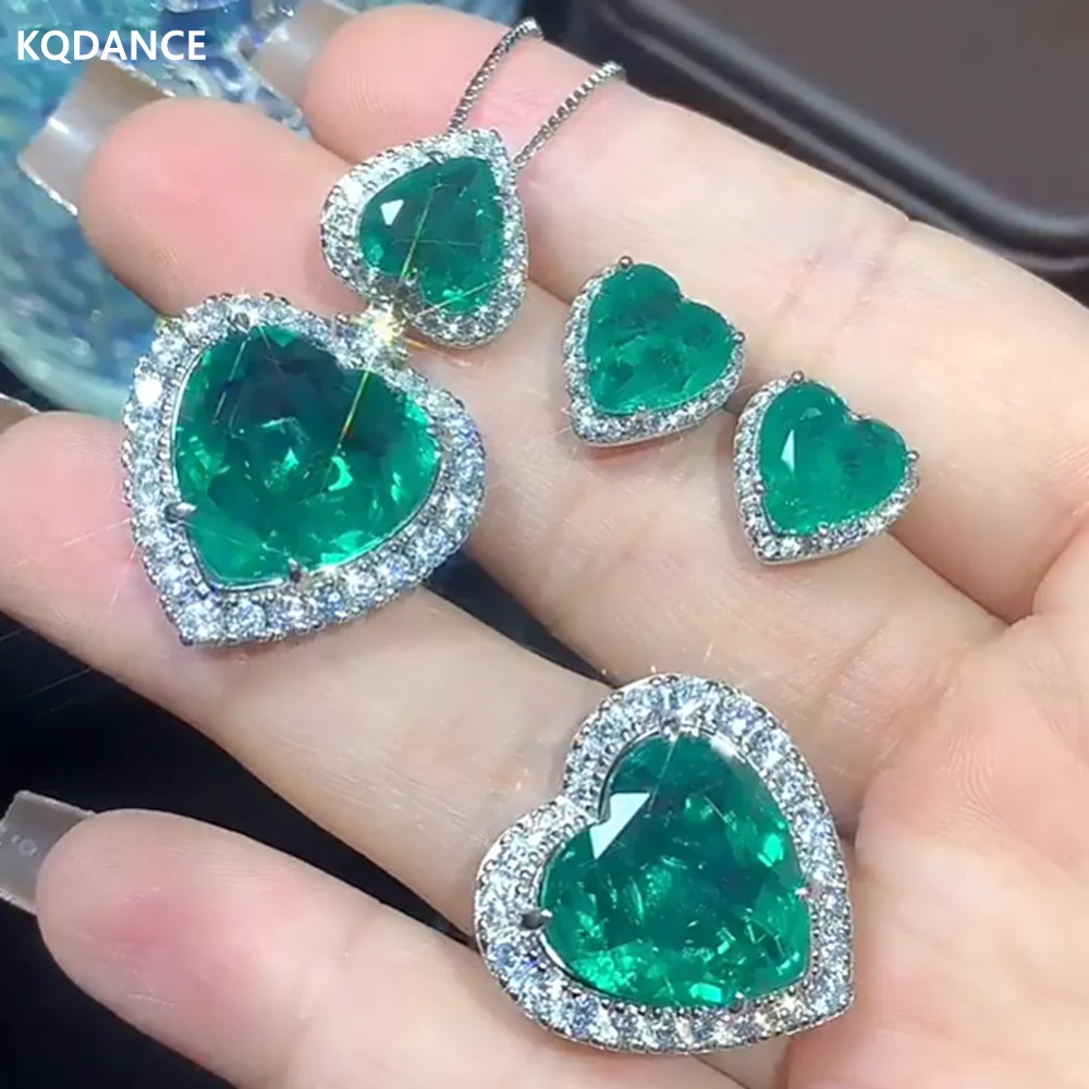 

KQDANCE 925 Sterling Silver Lab Pariba Emerald Ruby Sapphire Gemstone Diamond Heart Ring Earrings Necklace Wedding Jewelry Set