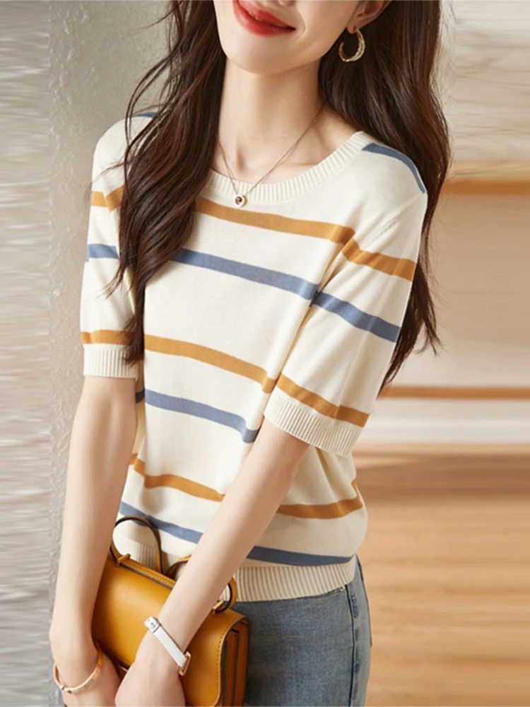 

BOBOKATEER Summer Clothes For Women T-shirts Short Sleeve Woman Tshirts Striped Tee Shirt Femme T-shirty Damskie Camiseta Mujer