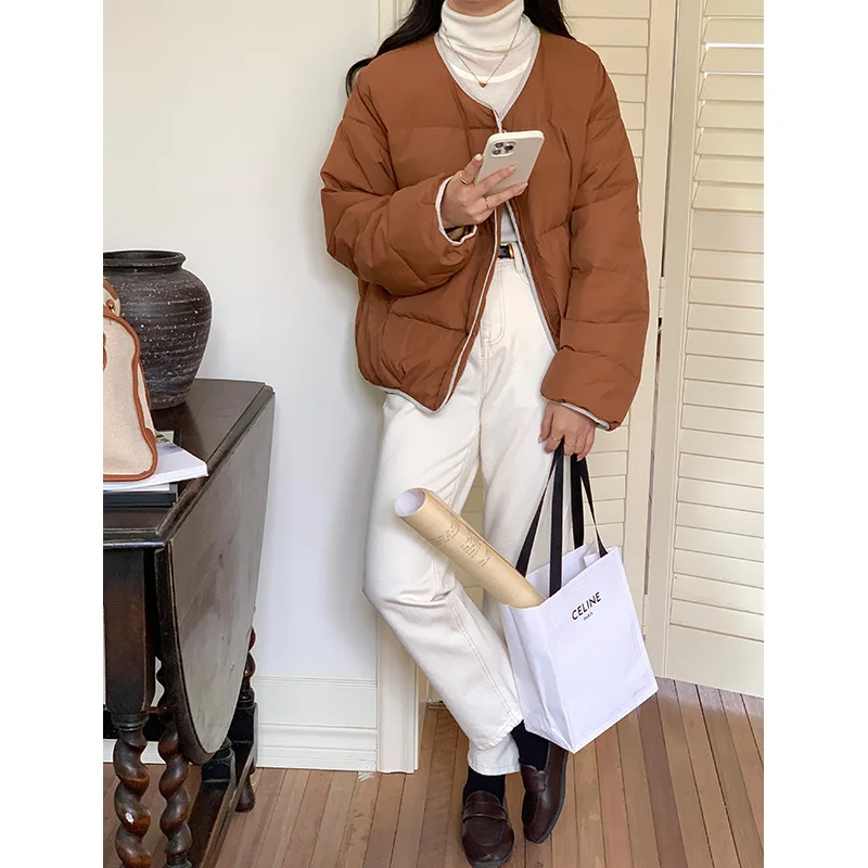 New Down Jacket Women's Winter Round Collar Lapel White Eiderdown Cotton Jacket Solid Color Loose Thick Warm Short Casual Coat