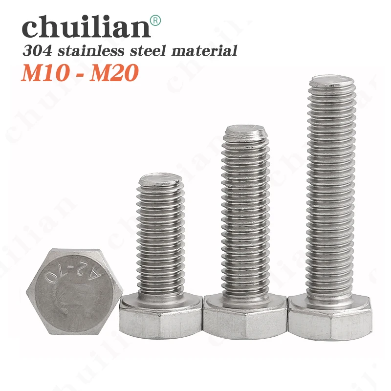 

1-10 PCS External Hexagonal Screw Bolt M10 M12 M14 M16 M18 M20 Extended Full Thread Stainless Steel 304 DIN933 For Machinery