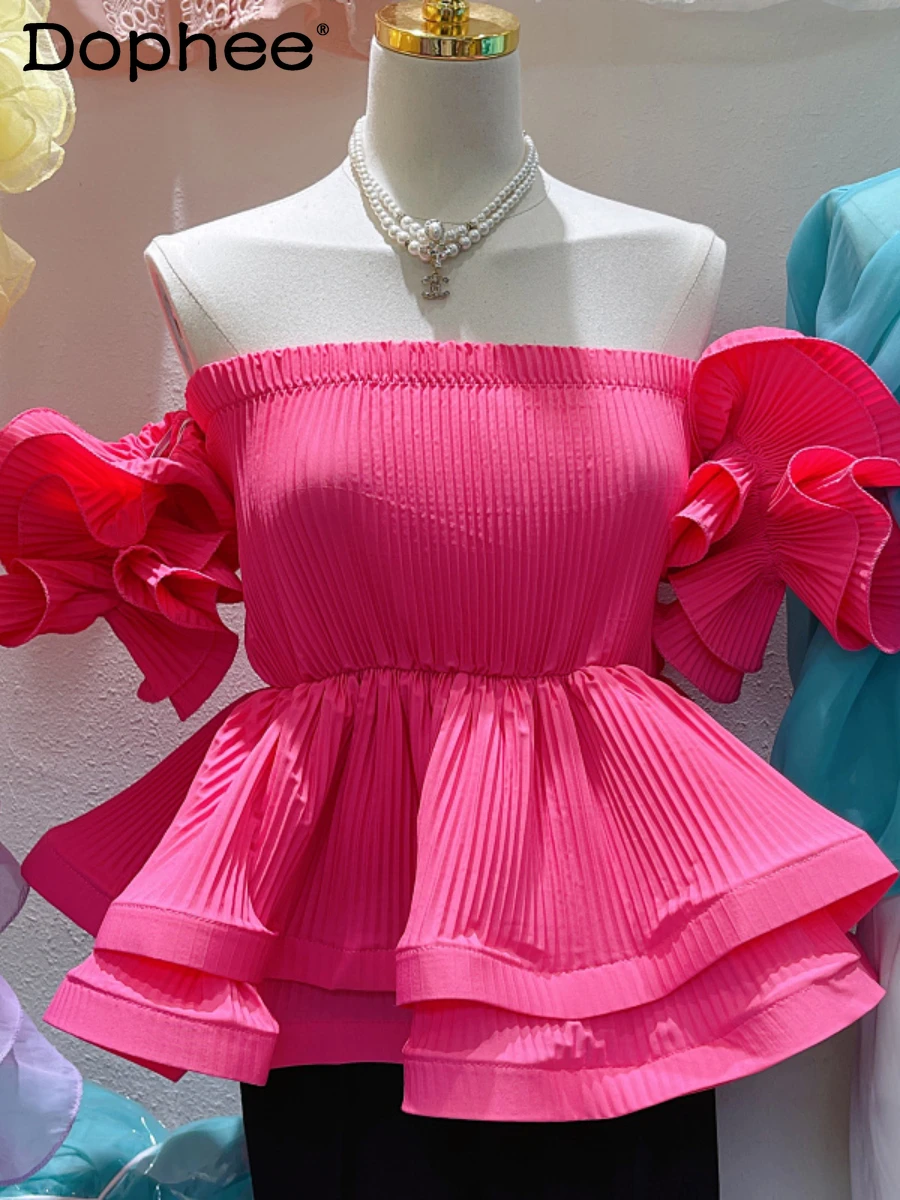 

Sweet Candy-Colored Pleated Chiffon Shirt Sexy Off-shoulder Slim Waist Slim Fit Ruffled Blouse Top Women 2022 New Summer Clothes