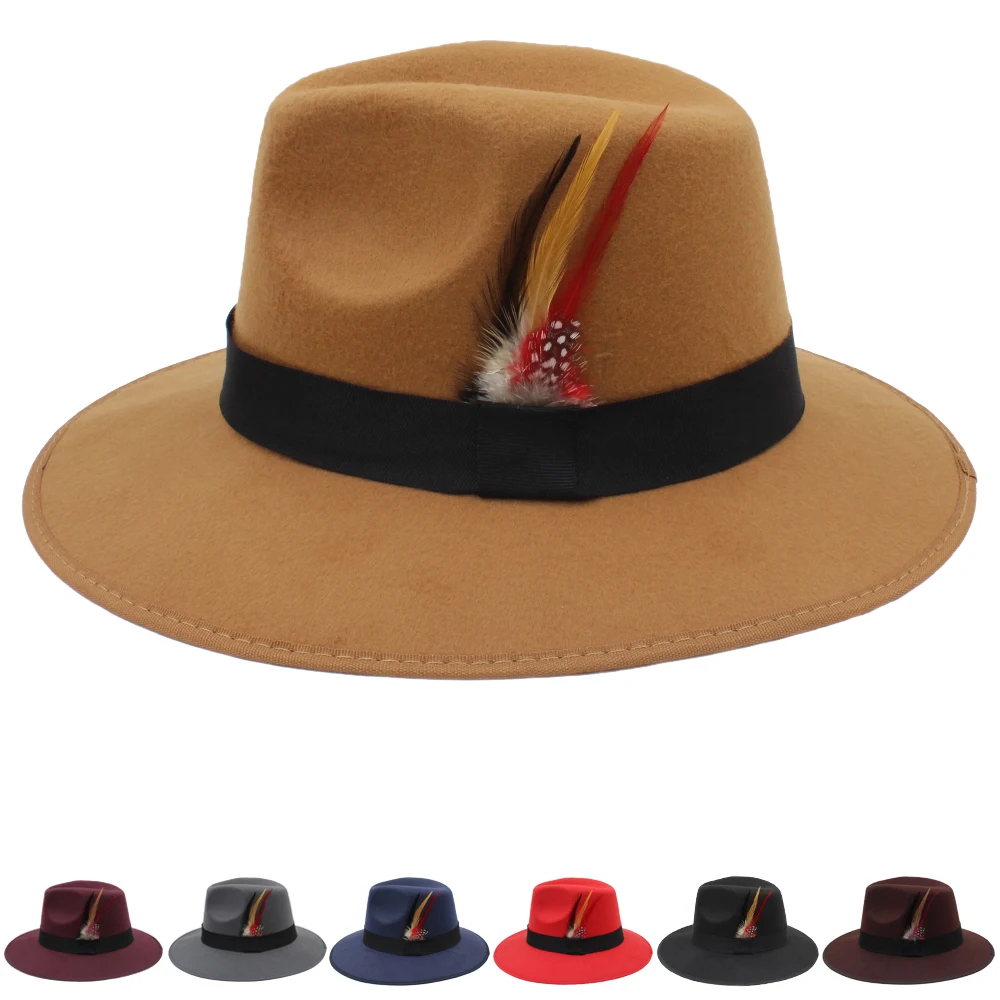 

Панама шерстяная с широкими полями для мужчин и женщин, шляпа-федора с перьями, Классическая вечерняя, уличный стиль, размер US 7 1/4 UK L