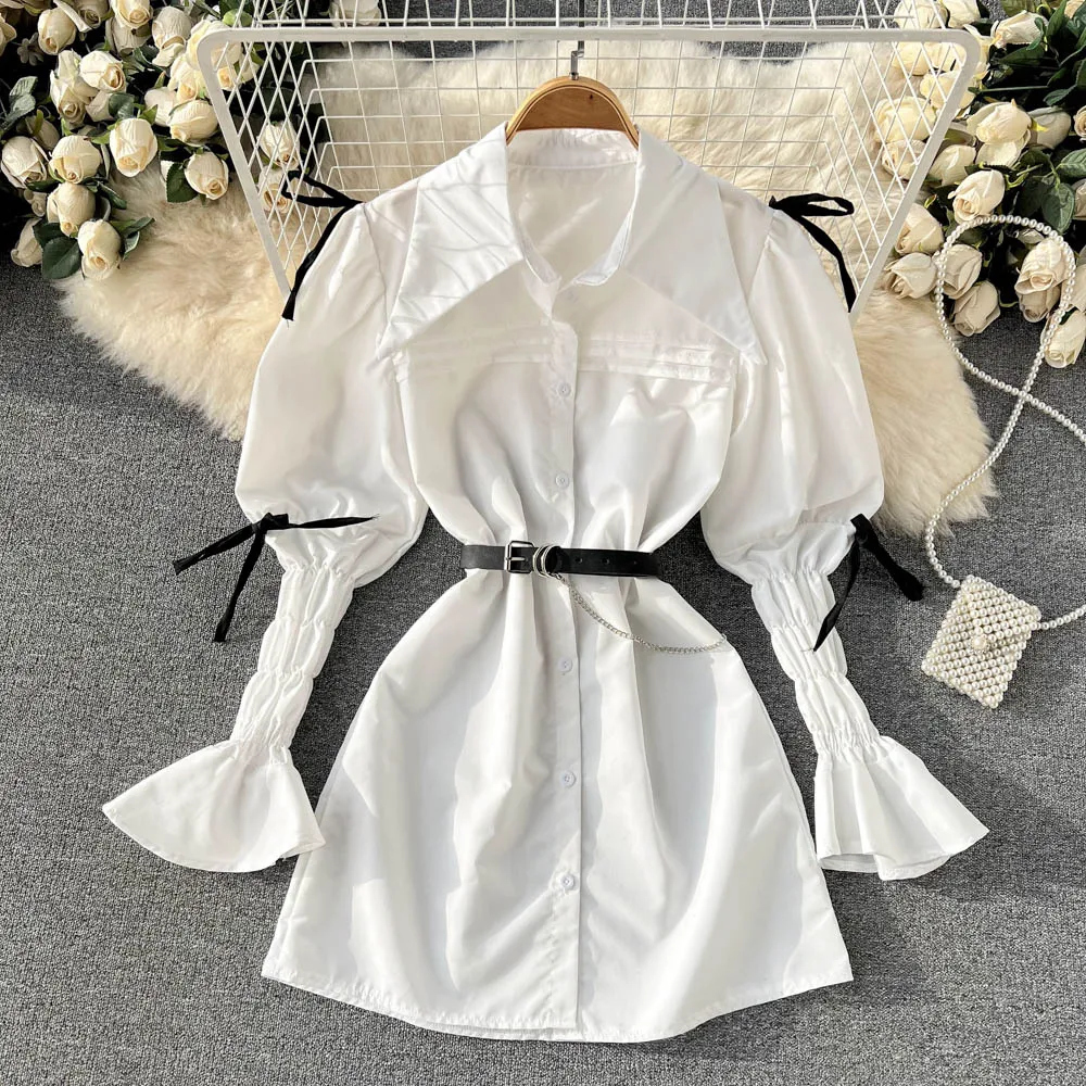 

Женское свободное платье-трапеция SuperAen, однотонное Повседневное платье с пышным рукавом и отложным воротником в стиле ретро