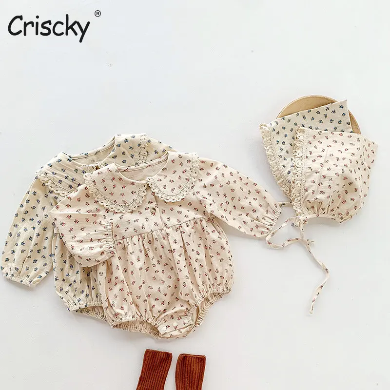 

Criscky 2022 Korean Style Newborn Baby Girl Romper Floral Printed Peter Pan Collar Long Sleeve Jumpsuit Spring Autumn Clothes