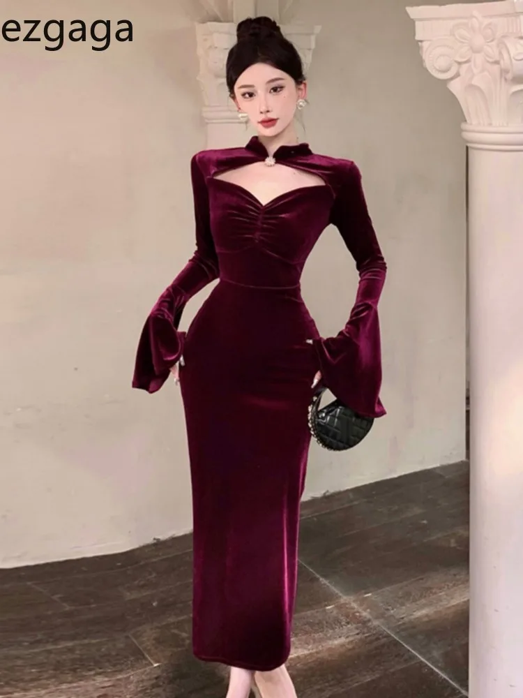 Ezgaga темпераментные платья женские с вырезами расклешенными длинными рукавами во