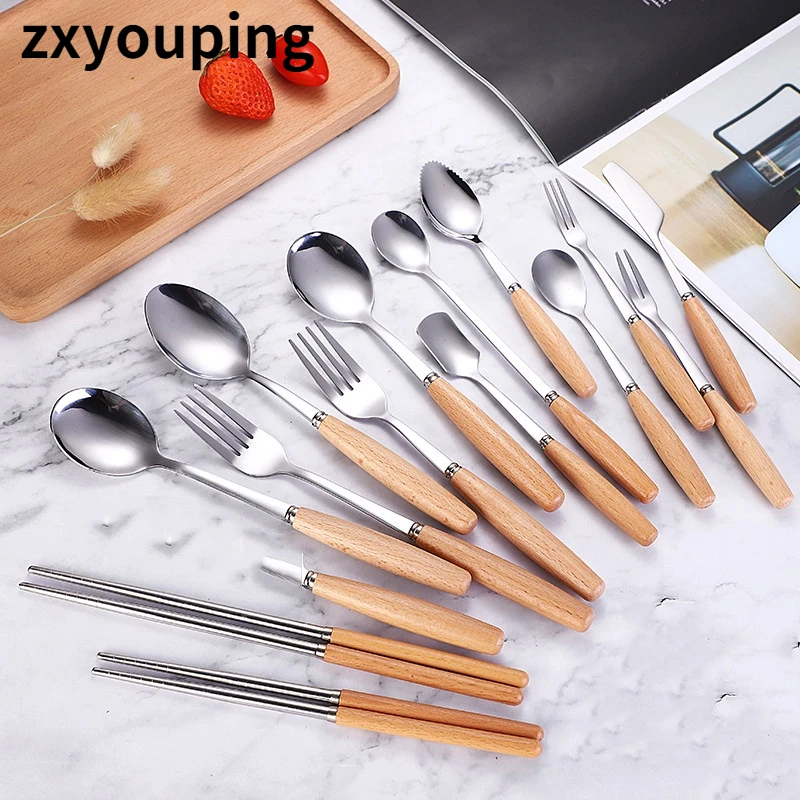 

Wooden Handle Stainless Steel Cutlery Spoon Fruit Fork Chopsticks Stainless Steel Tableware Set Western Cutlery Gift Set