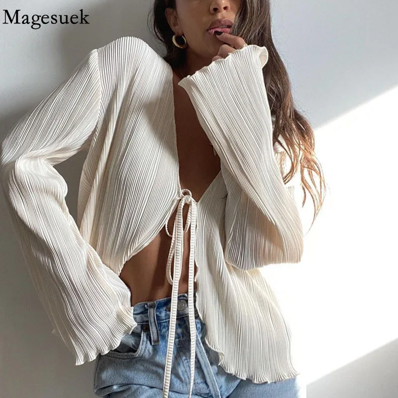 

Lace-up Sexy V Neck Summer Cardigan Women Blouse Slim Flare Long Sleeve Y2k Cardigan Autumn Elegant Tops Women's Shirt New 22100