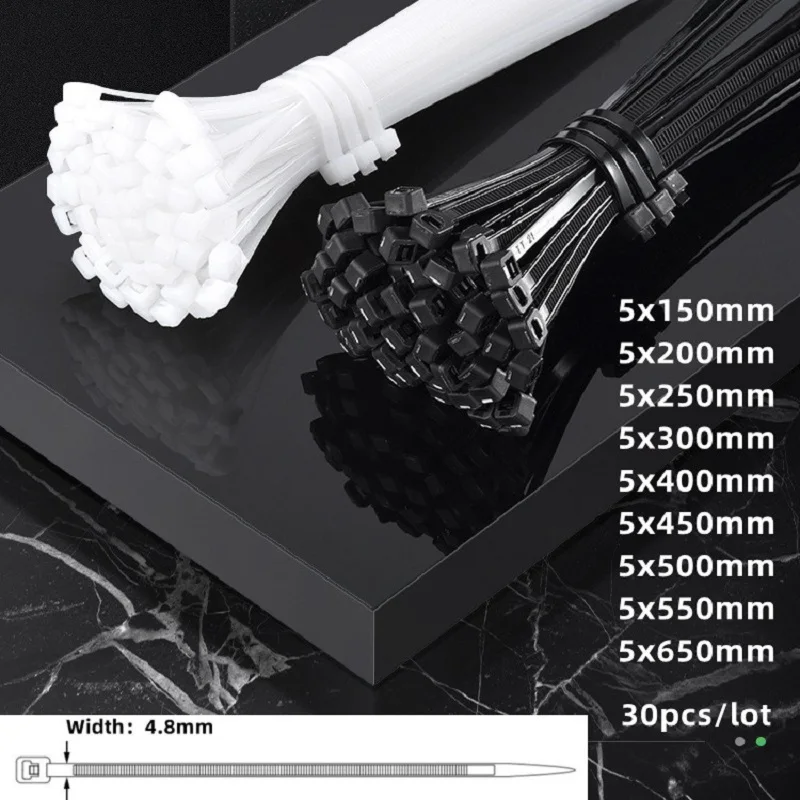 

Кабельные стяжки нейлон 5х150-650 мм чёрные белые 30 шт