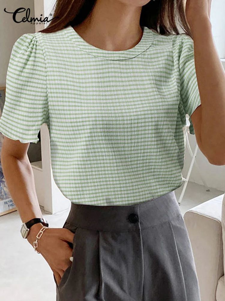 

Celmia Korean Casual Plaid Blouses Women 2022 Summer Fashion Short Sleeve Wrinkle Checked Shirts Elegant Round Neck Simple Tops