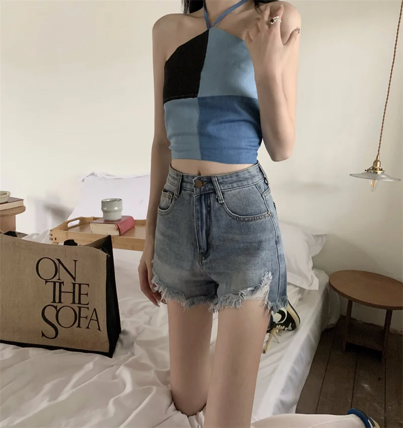 

Real Shot Summer New Korean Version Casual Wild A-line High-waisted Denim Shorts Hot Pants Raw Edge Ripped Jeans
