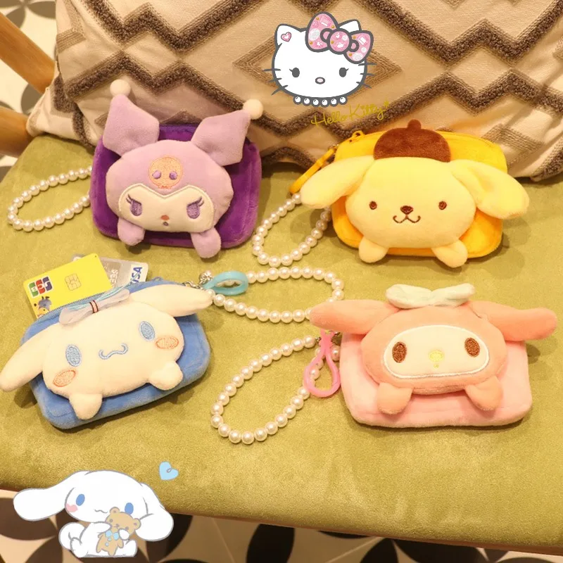 

Kawaii Kuromi Plush Coin Purse Pendant Melody Cinnamoroll Pom Pom Purin Anime Girl Id Card Holder Pearl Lanyard Kids Toys Gift