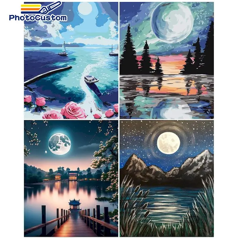 

PhotoCustom Paint By Number Moon Lake Drawing On Canvas HandPainted Painting Art Gift DIY Pictures By Number Scenery Kits Home D