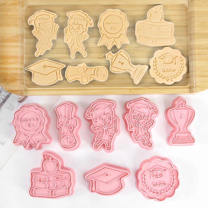 

8pcs Congrats Graduation Cookie Cutter Biscuit Mold 3D Plastic Stamp Embosser Mould Fondant Pastry Baking Cake Decoration Tools