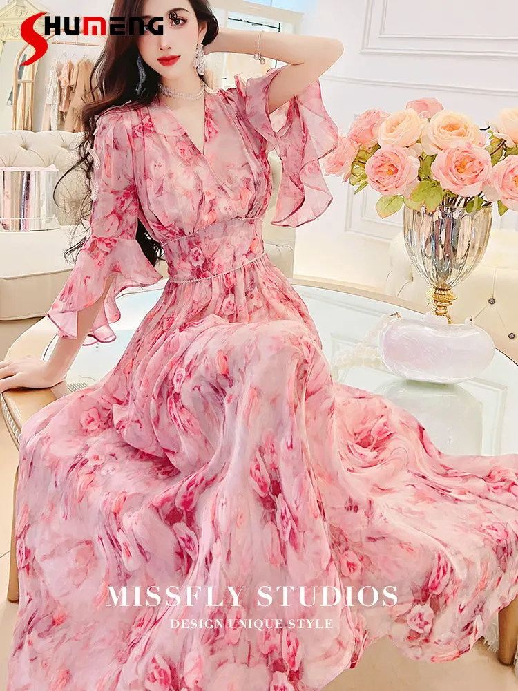 

Милое элегантное приталенное розовое платье с цветочным принтом, Новинка лета 2023, женское приталенное расширенное бисером платье на день рождения для женщин