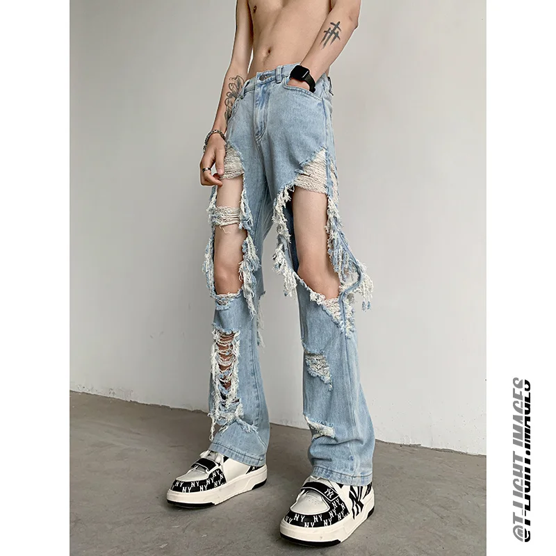 

Summer Tear Hole Jeans Men Slim Fashion Casual Straight Jeans Men Streetwear Hip-hop Ripped Denim Pants Mens Trousers M-3XL
