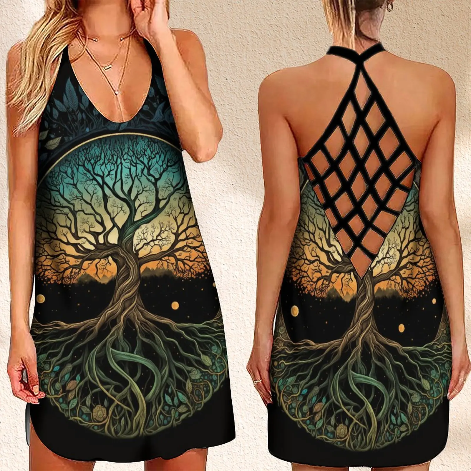

Женское летнее платье без рукавов, с открытой спиной и принтом дерева жизни