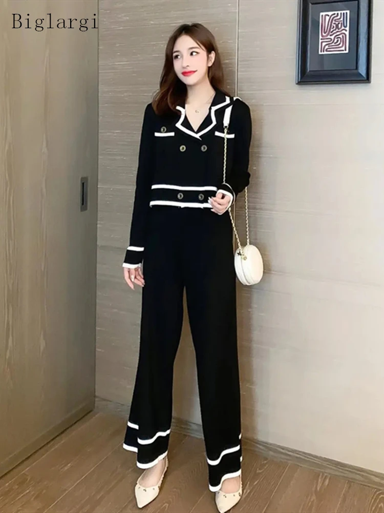 

2 Two Piece Set Knitted Set Women Fashion Pants And Knit Crop Coat Tops Matching Sets Casual Autumn Woman Clothes Outfits