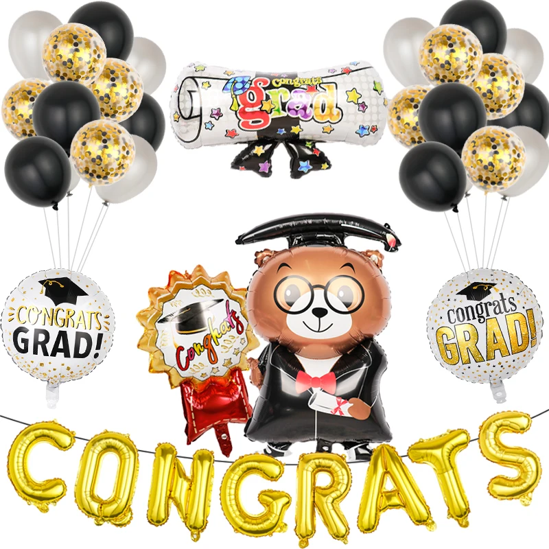 

38 Pcs/Set Congrats Grad Cartoon Foil Balloon High School College Graduation Event Decoration Props Class of 2022 Graduate Party