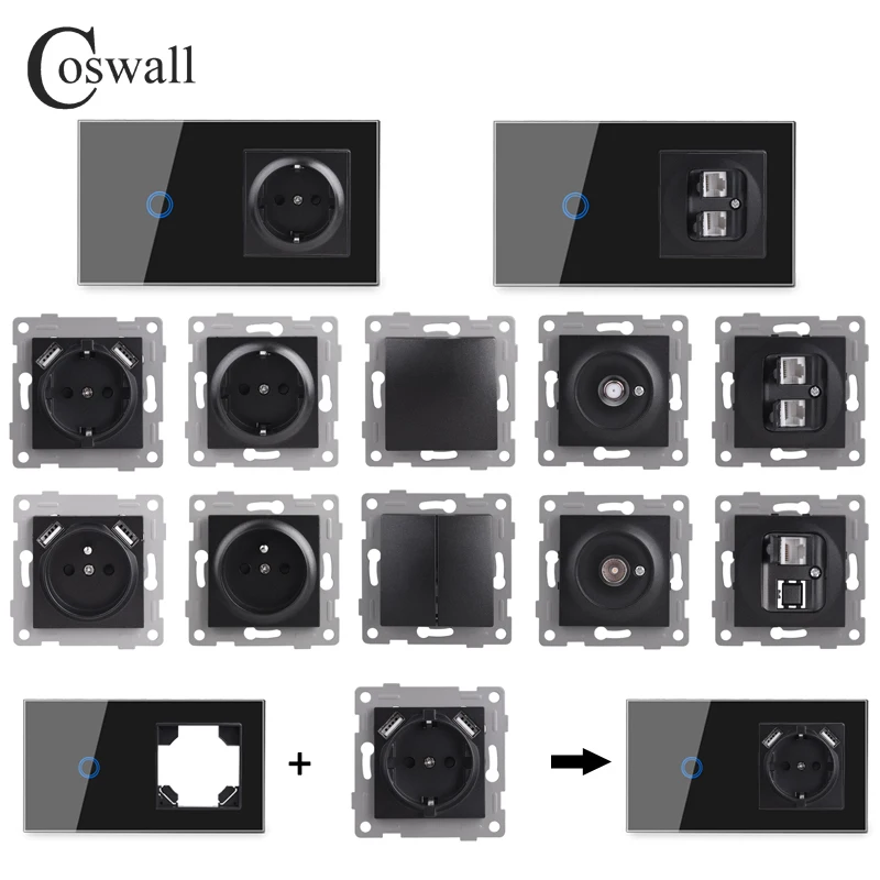 

Настенный сенсорный выключатель COSWALL, черная панель из закаленного стекла, европейская розетка Schuko, USB Type-C зарядка, CAT6 Интернет, спутниковый ...