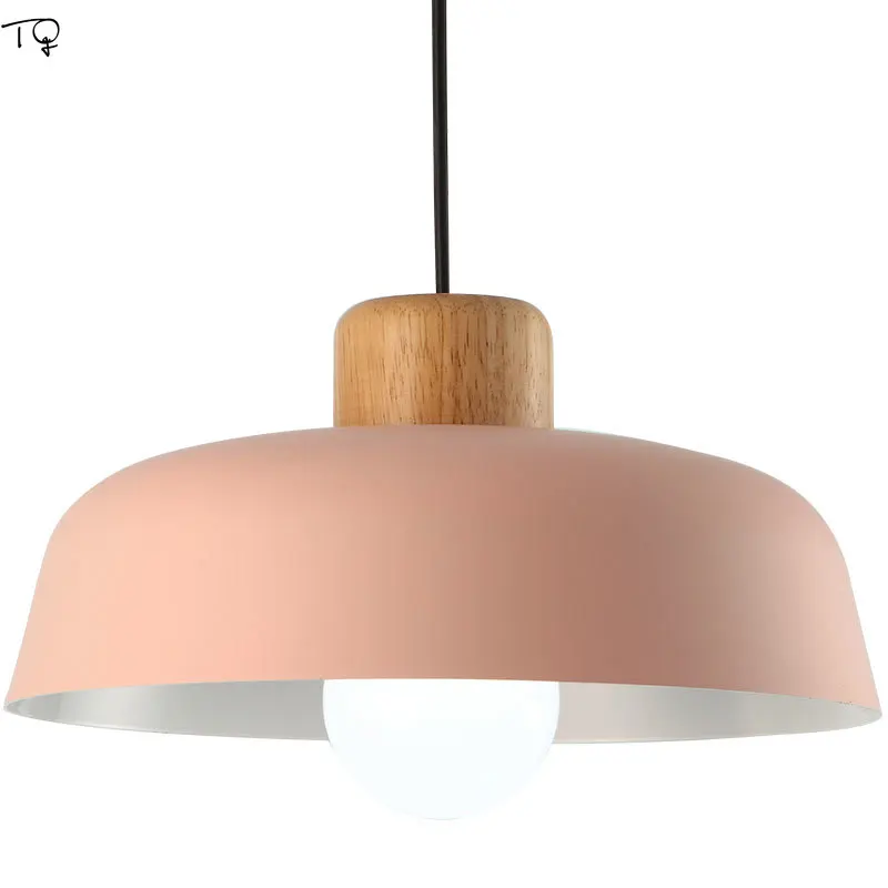 

Modern Macaron Colorful Pendant Lamp Pink/Green/Blue/Gray Lampshade Metal Wood Suspension Light Hotel Cafe Mall Office Loft Bar