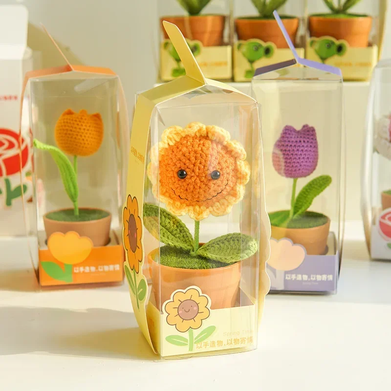 Праздничный подарок: вязаные горшечные растения ручной работы с подсолнечниками