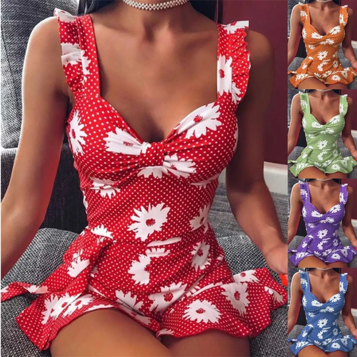 

2022 New Women's Sexy Spaghetti Straps Dresses Summer Sleeveless Ruffle a Line Mini Dress Print Sundress Casual Beach Dress