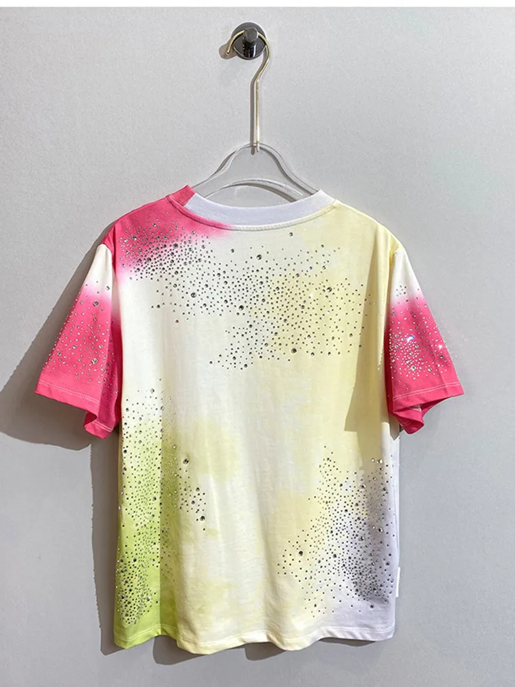 

Diamond Tie Dyeing Tshirt for Women Casual 2023 Summer Short Sleeve Simple Retro Ladies O-Neck Loose Tee Tops