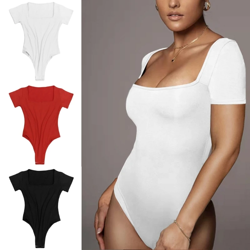 

Женское боди с низким вырезом, однотонное облегающее боди с квадратным вырезом и коротким рукавом