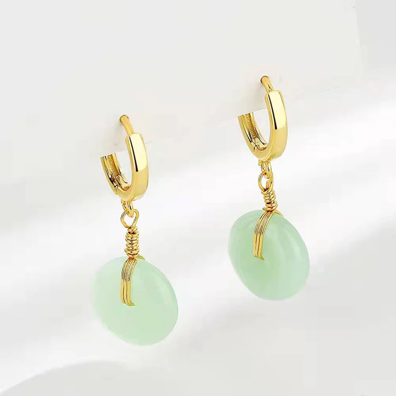 

Fine Piercing Jewelry Round Green Stone Drop Earrings Fashion Retro Handmade Golden Ear Studs For Women Wedding Anniversary Gift