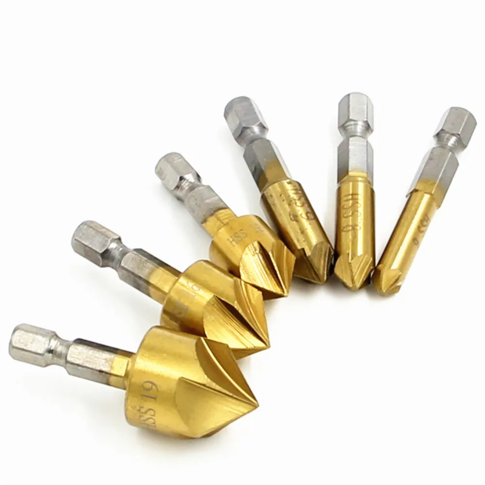 

3/6pcs 6mm-19mm Countersink Drill Bit Set 1/4'' Hex Shank HSS 5 Flute Countersink 90 Degree Wood Chamfering Cutter Chamfer