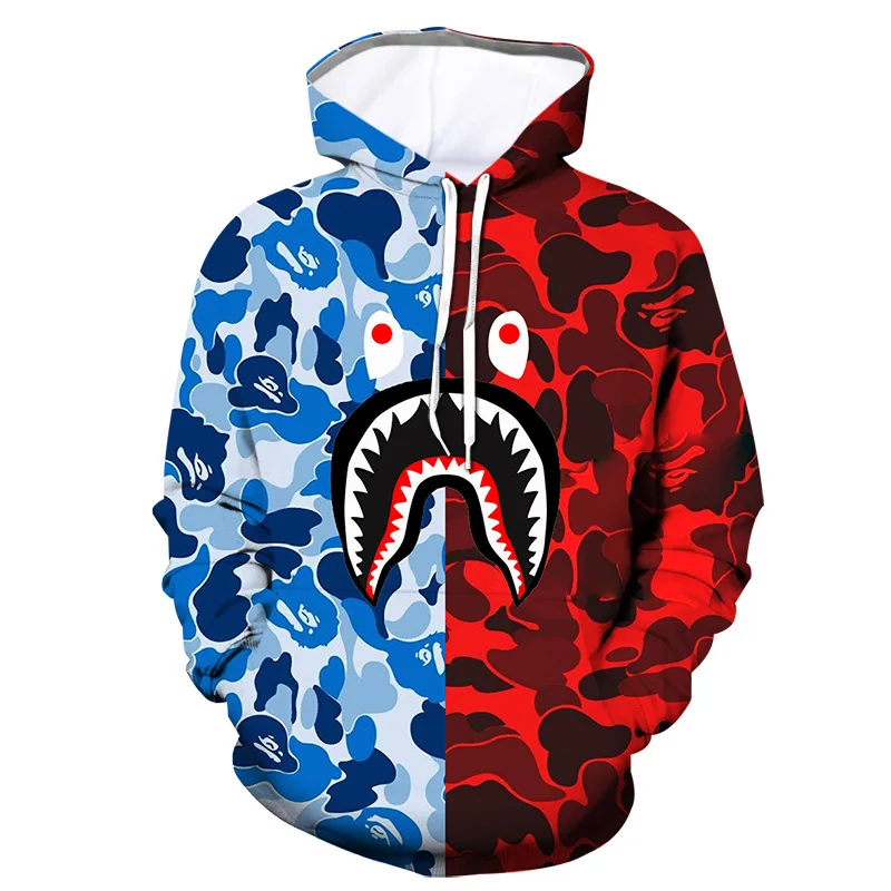 

3D Shark Head Hoodie Jacket for Men Women Teen Hip Hop Coat Pullover Classic Camouflage Hoody Sweatshirt Harajuku Hoodie