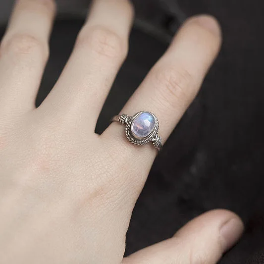 

S925 Silver Inlaid Moonstone Ring Female Popular Jewelry Ring Retro Ethnic Style