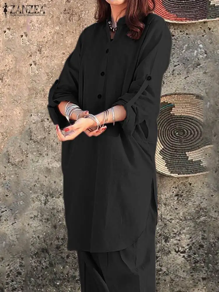 

Костюм ZANZEA женский с длинными брюками, модный однотонный костюм из 2 предметов, Повседневная Длинная рубашка на пуговицах, костюм для отдыха с круглым вырезом