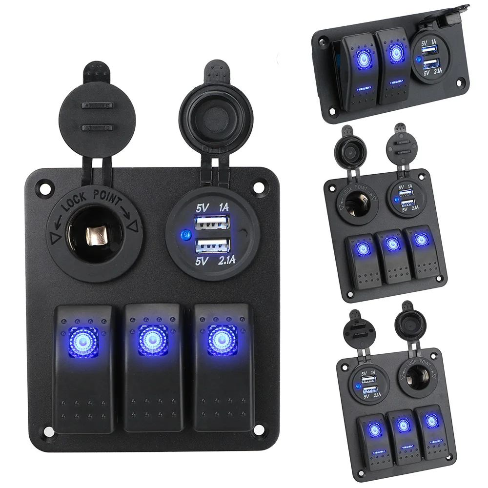 Boat Car Switch Panel Blue LED 12~24V Circuit Control 2/3 Gang Digital Voltmeter Dual USB Port Outlet Combination Waterproof