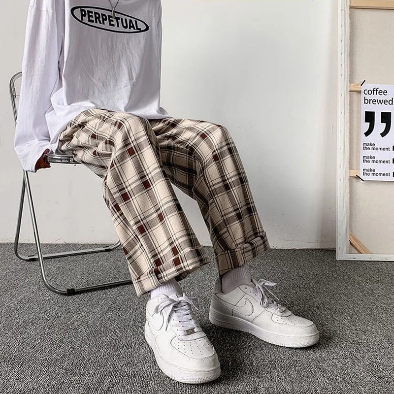 

Men Pants Plaid Loose Comfortable Retro Casual All-match Elastic Waist Chic Wide Leg Trousers Fashion Streetwear Korean Style
