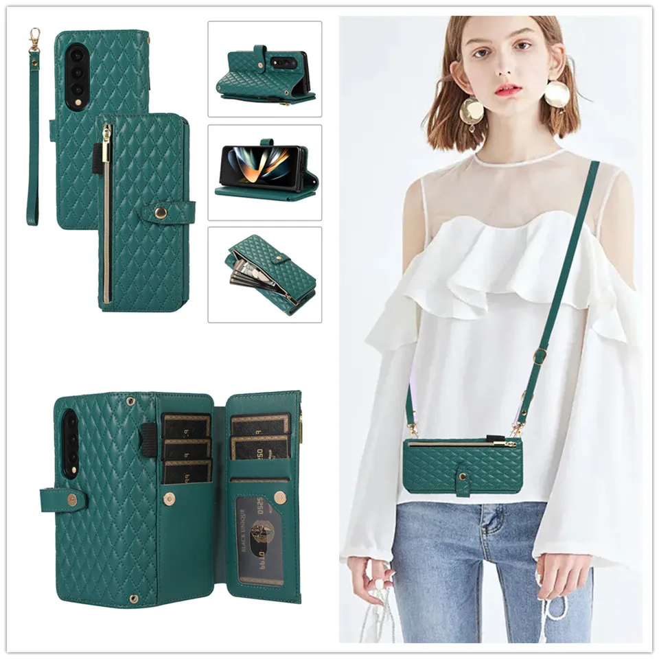 Lanyard Crossbody Rhombic Multi Card Wallet Shoulder Strap Case For Samsung Galaxy Z Fold 3 4 Cover Luxury PU leather Phone Bag