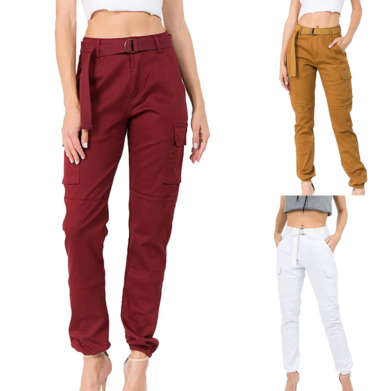 Women's Casual Work Pants with Pockets and Belt Long Pants for Summer Elastic Waist Jogging Pants With Accessories SEC88