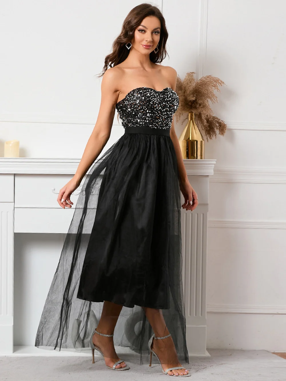 Sparkly Black Prom Dress Strapless Tulle A-Line Short Evening Dress Robe de soiree Wedding Party Dress Cocktail Dress
