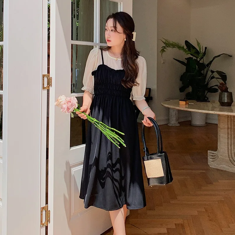 

Fake Two Pieces Dress French Style Chic Dresses Black Slim Waist Puff Sleeve Spell Color Chiffon Women Dress Elegant Streetwear