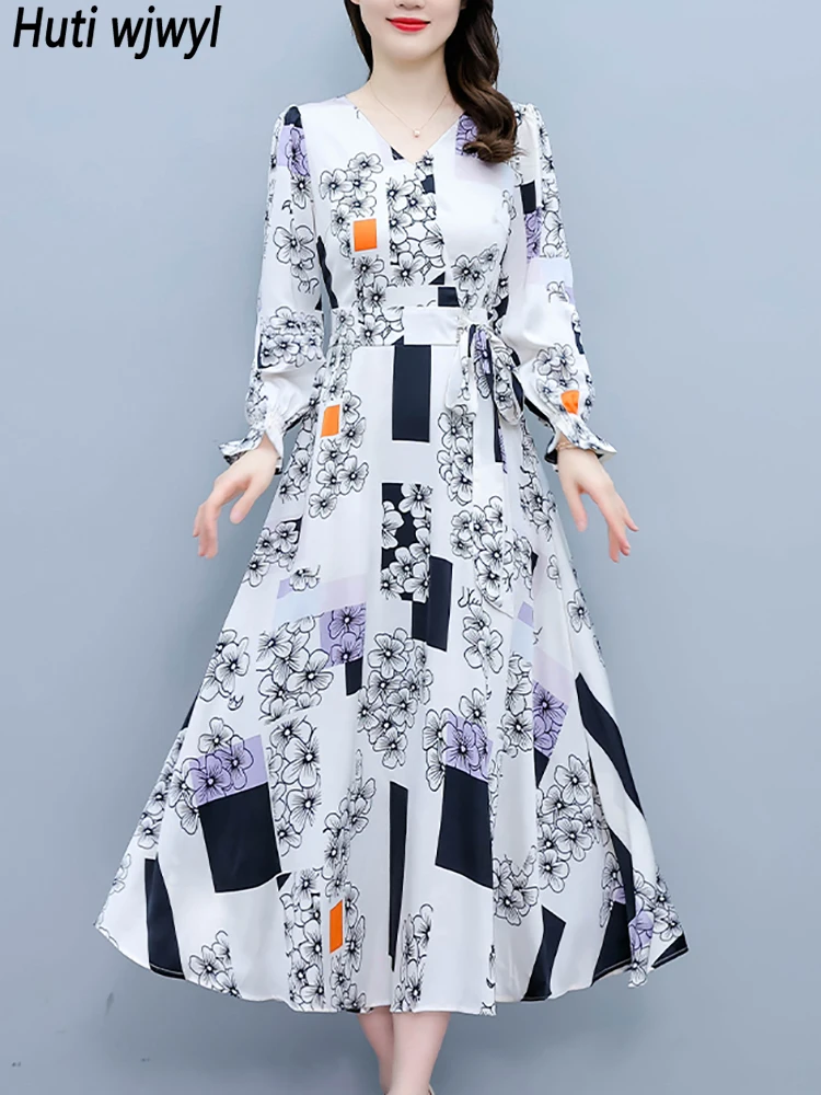 

2022 Satin Long Sleeve Casual Robe Women Fashion Vintage Chic Prom Midi Dress Spring Autumn Elegant Bodycon Party Night Vestidos