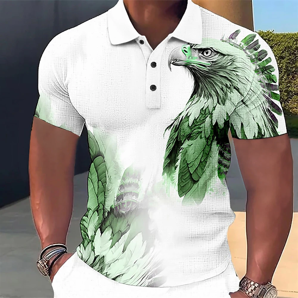 

￥Camisa polo larga larga de manga curta masculina, estampa 3D lobo e águia, roupa animal casual, tops de alta qualidade, verão