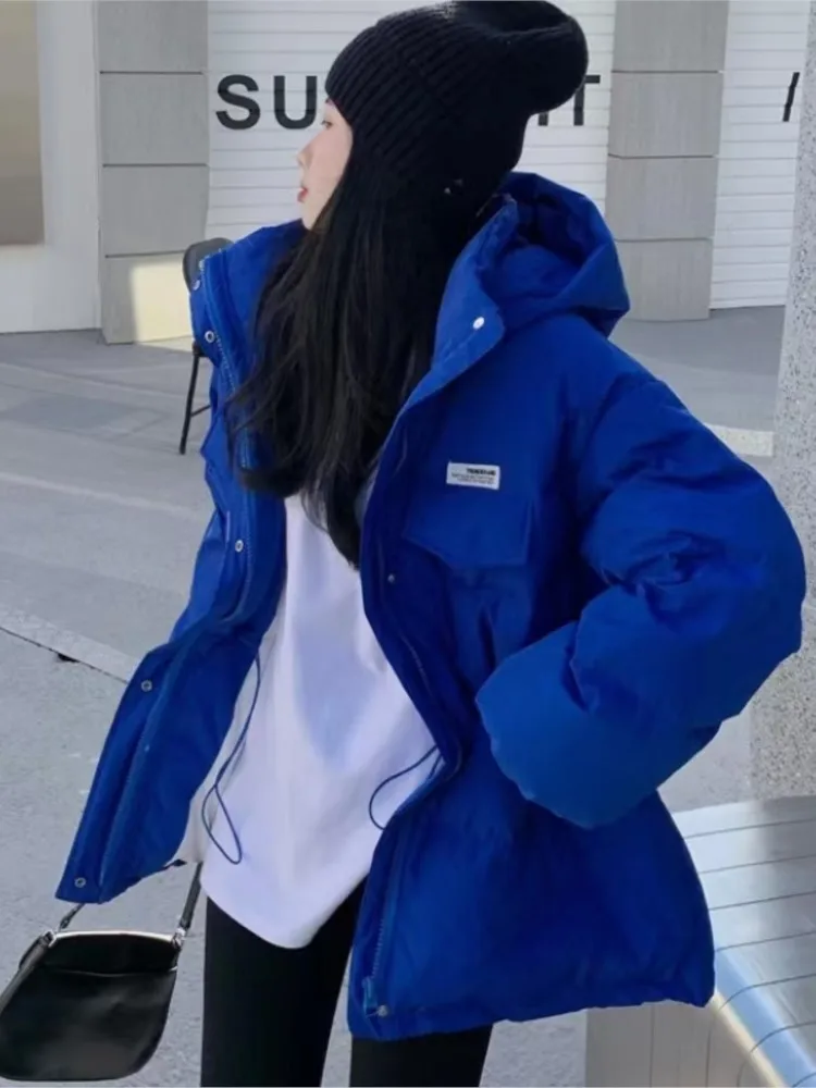 2022 Winter New Klein Blue Hooded Cotton Padded Quilted Coats For Women's Fashion  Oversize Jacket Overcoat Mujer Loose Parkas