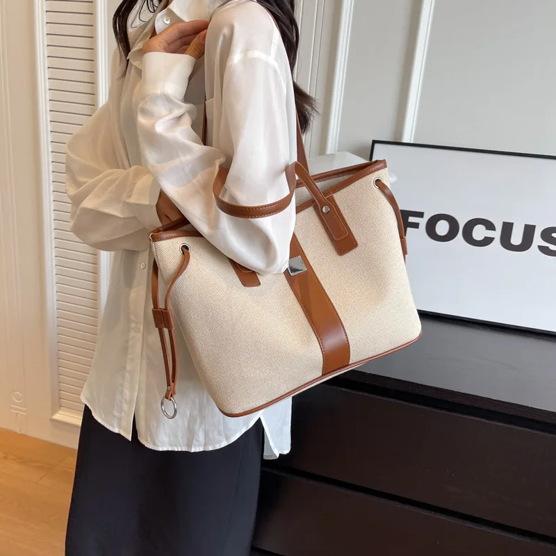 Casual Simple Commuter Tote Handbag Large Capacity Storage Bag for Women 2023 New Fashion Canvas Panel Contrast Shoulder Bags