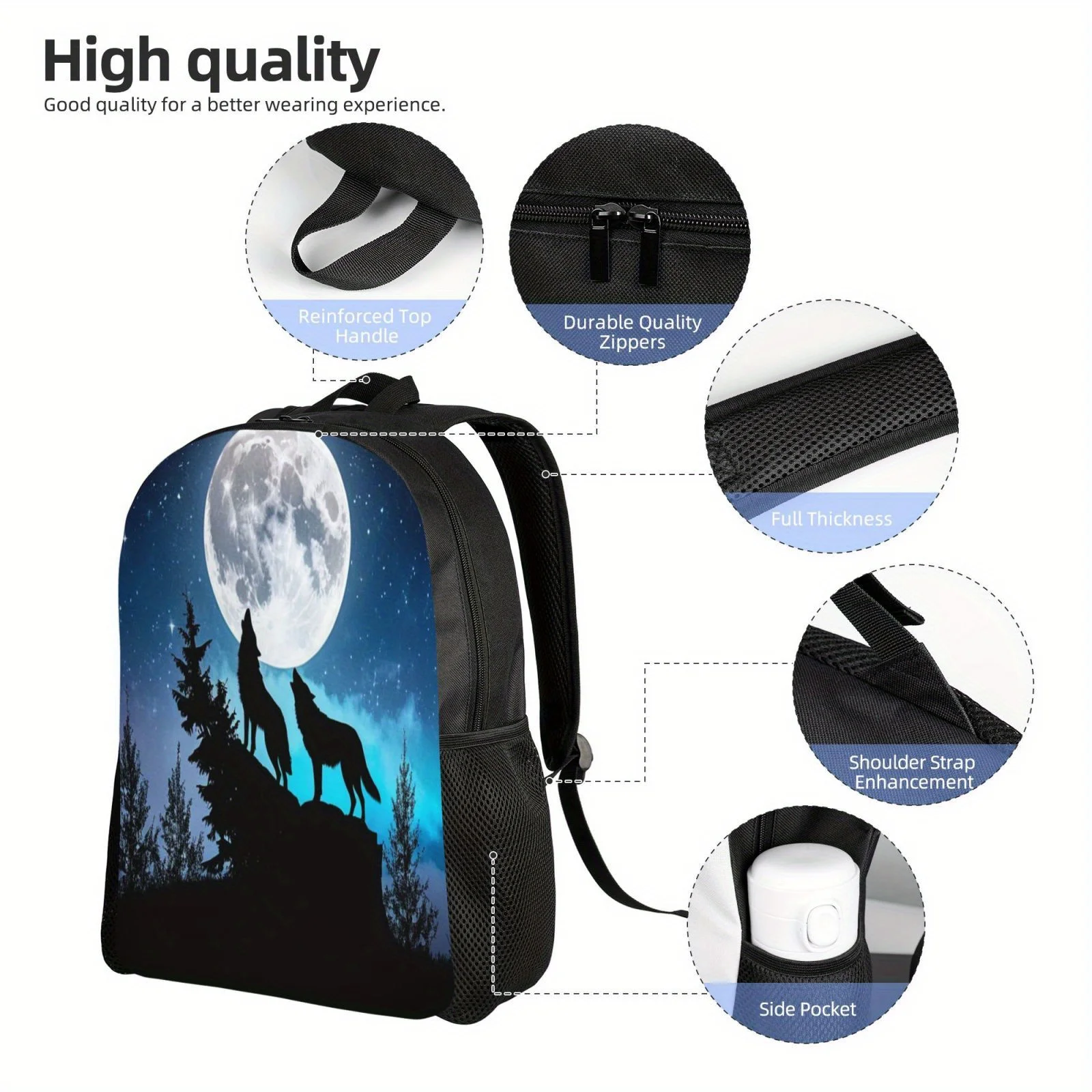 Легкий рюкзак с принтом волка в полнолуние ночное время роста — просторный