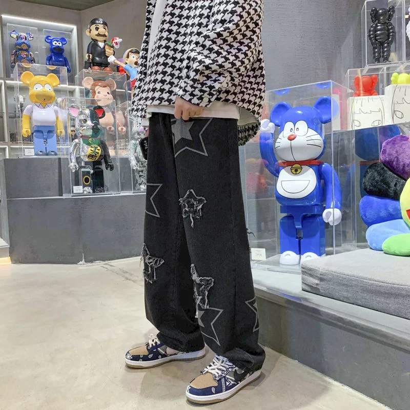 DEEPTOWN Y2K Star Pants Men's Jeans with Stars Streetwear Hip Hop Denim Pants Straight Trousers Male Embroidered Loose Casual
