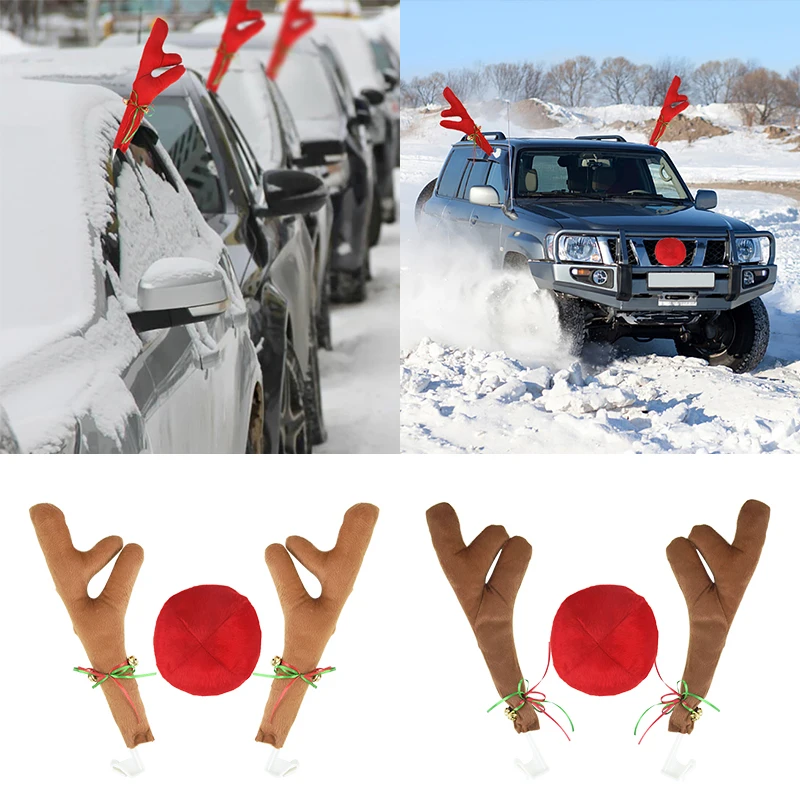 Christmas Antlers Car Decor Sika Deer Antlers Red Nose Horn Car Vehicle Reindeer Costume Set Ornaments Xmas Holiday Party Gifts