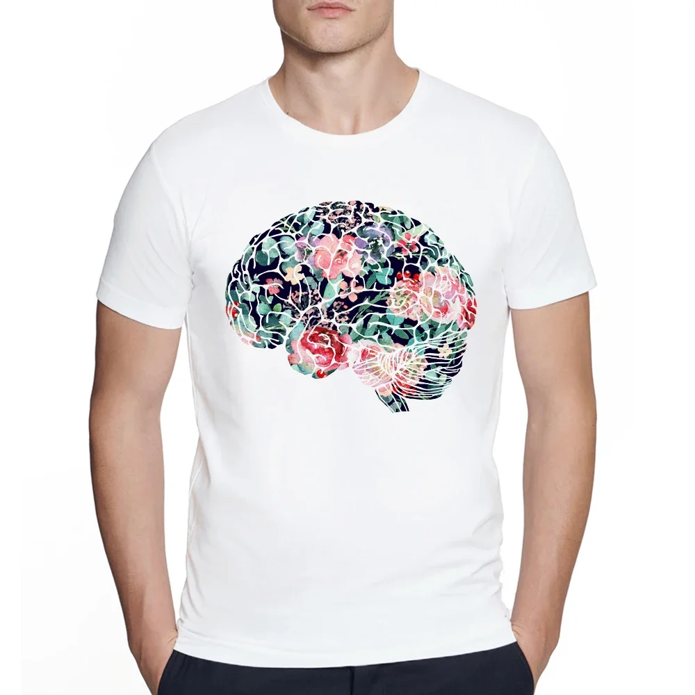 Акварельная футболка с принтом анатомии мозга в цветочном стиле неороанатомия