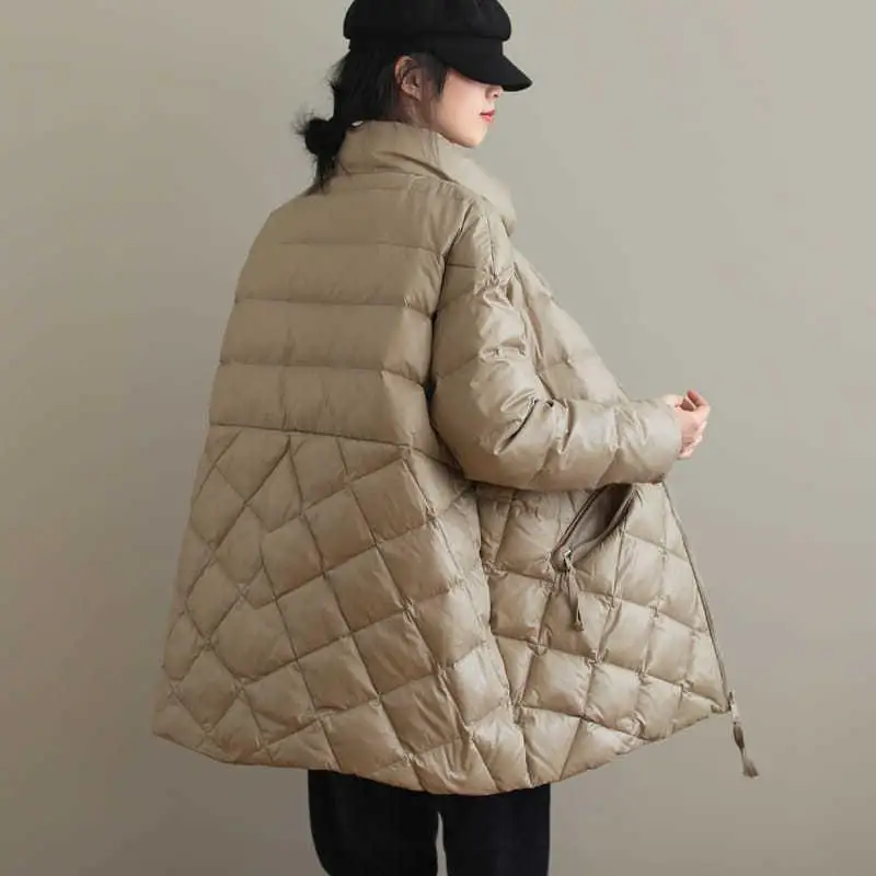 Winter 2023 New Light Down Cotton Coat Women Loose Casual Thin Foreign Style Leisure Plaid Padded Jacket Female Clothing Top